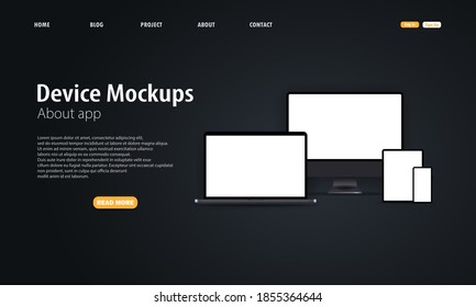 Blank device mock up. Realistic smartphone, tablet, laptop, notebook, monitor with blank screen and shadow. Dark theme. Web page tamplate. Electronic devices mockup set. Modern technology