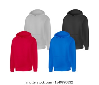 Blank different colors mens hoodie sweatshirt long sleeve. Male hoody with hood front view. Vector template sport winter clothes for design mock up, print, isolated on white background