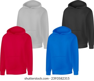 Blank de diferentes colores significa sudadera capucha de manga larga. Caramba masculina con vista frontal del capó. Plantilla de vectores ropa de invierno para el diseño maqueta, impresión, aislado en fondo blanco