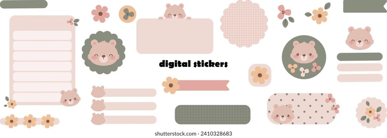 Leere digitale Aufkleber mit süßem Teddybär. Digitale Briefpapiere und Aufkleber für die Zeitschrift oder Planung von Kugeln. Aufkleber für digitale Planer. Vektorkunst.