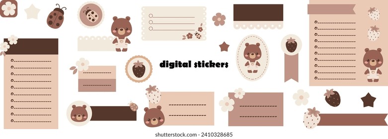 Blank digital stickers with cute teddy bear. Digital note papers and stickers for bullet journaling or planning. Digital planner stickers. Vector art.
