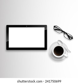 Blank digital tablet, glasses and coffee cup on white table. Vector Eps 10. Photorealistic illustration. 