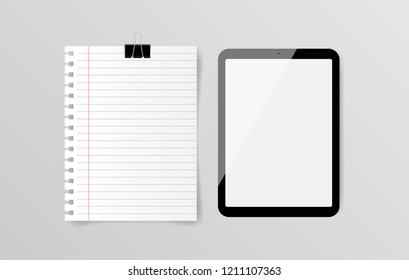 Blank digital tablet with note paper on gray background