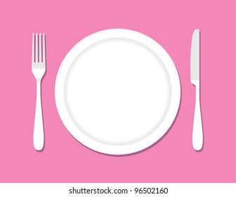 Blank dinner plate with fork and knife