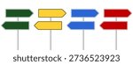 Blank directional road sign template mockup, flat vector street signs in green yellow blue red pointing left and right for navigation and decision making concept, isolated on white background icons.