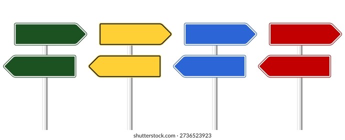 Blank directional road sign template mockup, flat vector street signs in green yellow blue red pointing left and right for navigation and decision making concept, isolated on white background icons.