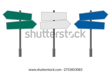 Blank directional road signs on metal poles. Vector signage for themes involving navigation, decision-making, travel, and street signage