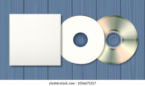 Blank disk and case mock up on wooden background. Vector illustration.