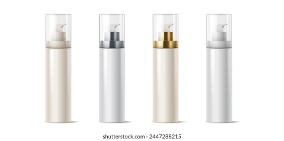 Juego de Ilustración vectorial realista de botellas de dispensador en blanco. Diseño comercial. Productos cosméticos paquetes de maquetas objetos 3d sobre fondo blanco