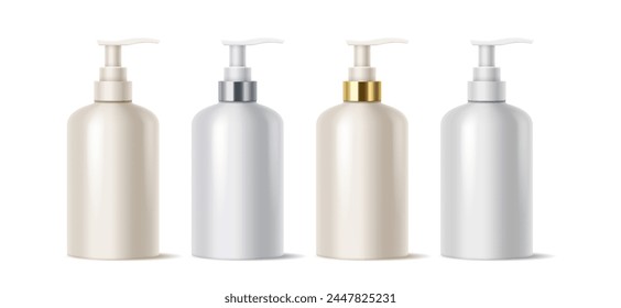 Blank dispenser bottles realistic vector illustration set. Commercial design. Cosmetic products mockup packages 3d objects on white background