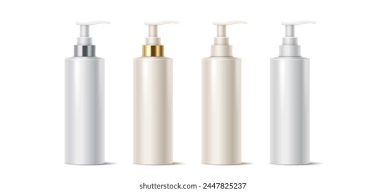 Juego de Ilustración vectorial realista de botellas de dispensador en blanco. Diseño comercial. Productos cosméticos paquetes de maquetas objetos 3d sobre fondo blanco