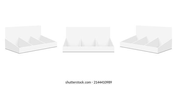 Blank Display Carton Counters Set, Front and Side View, Isolated on White Background. Vector Illustration