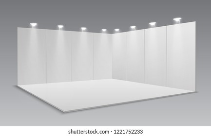 Blank display exhibition stand. White empty panels, promotional advertising stand. Presentation event room 3d template