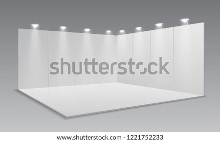 Blank display exhibition stand. White empty panels, promotional advertising stand. Presentation event room 3d template
