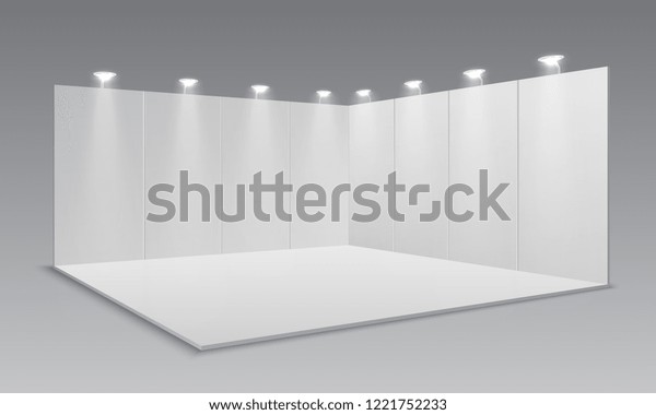 Blank display exhibition stand. White empty\
panels, promotional advertising stand. Presentation event room 3d\
template