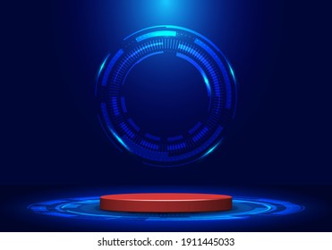 Pantalla en blanco escenario peatonal o podio rojo para el producto de muestra en demostración de tecnología futurista con el vector circular HUD, GUI, interfaz de interfaz de interfaz de usuario diseño de pantalla fondo azul. Ilustración del vector