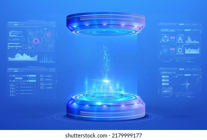 Blank display, stage or podium for show product in futuristic cyberpunk style. Technology demonstration. Futuristic circle 3D lab stage with HUD elements. Hologram of dashboard with graphs and data.