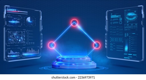 Blank display, stage or podium for show product in futuristic cyberpunk style. Technology demonstration. Futuristic circle 3D lab stage with HUD elements. Hologram of dashboard with graphs and data.
