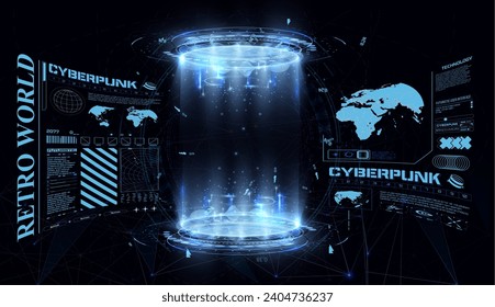 Blank display, stage or podium for show product in futuristic cyberpunk style.3d lab hologram, ai and ui fantasy frame, techno vr cyberspace room. Technology demonstration. Vector illustration