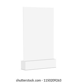 Blank display stand mockup - half side view. Tabletop panel can be used for showcasing restaurant menu or advertising signage. Vector illustration