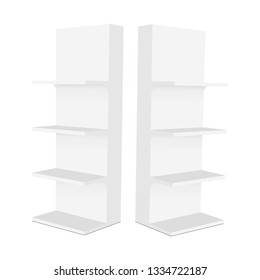 Blank display stand with shelves mockup isolated on white background - side view. Vector illustration