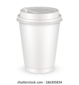 Blank Disposable Paper Cup With Lid. Container For Coffee, Java, Tea, Cappuccino. Illustration Isolated On White Background. Mock Up, Mockup Template Ready For Your Design. Vector EPS10