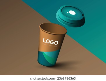 Blank disposable paper cup with plastic lid mock up isolated, 3d rendering. Empty polystyrene coffee drinking mug mockup front view. 