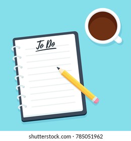 Blank To Do list, notebook with pencil and coffee cup, top view. Business planner vector illustration in modern flat cartoon style.