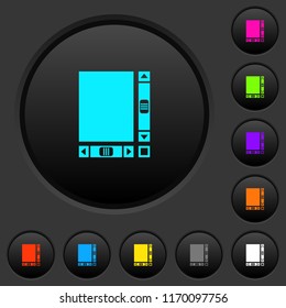 Blank document with scroll bars dark push buttons with vivid color icons on dark grey background