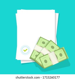 Blank document with seal stamp and approved money cash empty blank paper sheet flat cartoon vector, idea of success deal agreement or contract, financial account policy or give money report design