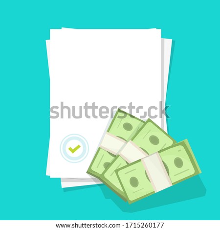 Blank document with seal stamp and approved money cash empty blank paper sheet flat cartoon vector, idea of success deal agreement or contract, financial account policy or give money report design