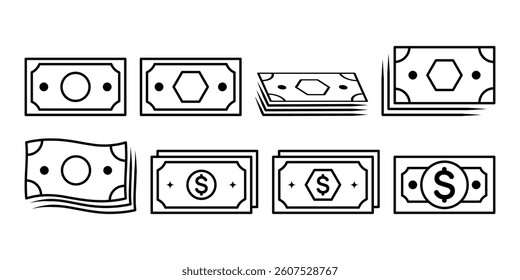 Blank, dollar sign currency note set. Different types note, paper money, investment, market, share, currency, fund, dollar, charity, value outlined symbol collection illustration.