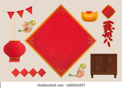 Blank doufang and firecrackers elements on light grey background