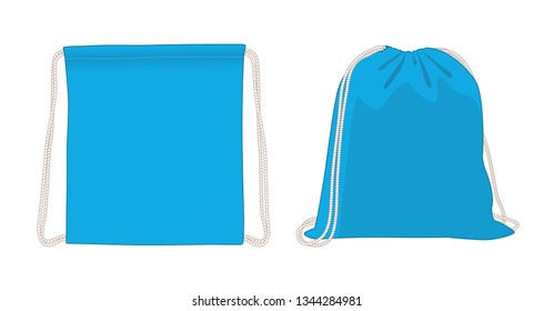 Blank drawstring bag, blue foldable backpack, cloth bag, vector illustration sketch template
