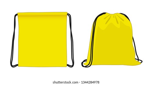 Blank drawstring bag, bright yellow foldable backpack, cloth bag, vector illustration sketch template