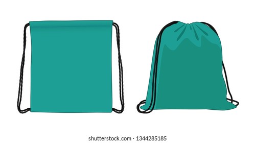 Blank drawstring bag, cyan foldable backpack, cloth bag, vector illustration sketch template