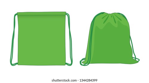 Blank drawstring bag, green foldable backpack, cloth bag, vector illustration sketch template