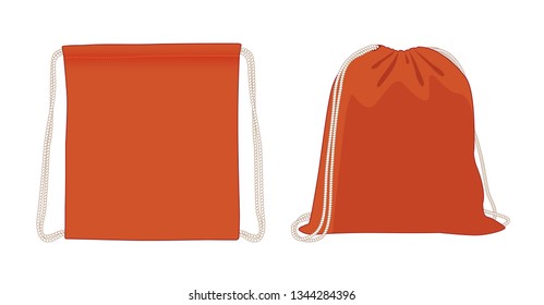 Blank drawstring bag, orange foldable backpack, cloth bag, vector illustration sketch template