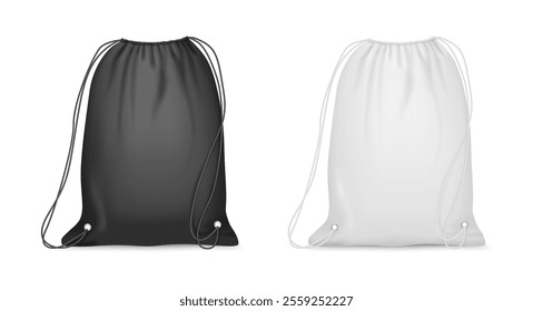 Blank drawstring realistic bags for sport or school cloth and shoes. Vector pouches or textile backpacks with ropes or nylon cord. Sports packs for accessory, modern canvas fabric totes