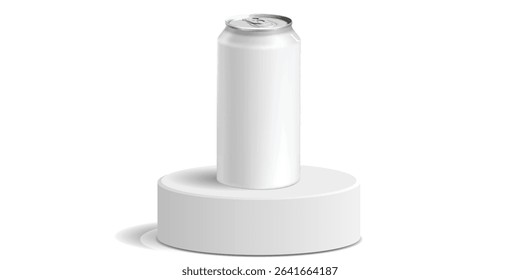 Blank drink can on a white cylinder podium, perfect for product mockups, beverage branding, or advertising campaigns. Ideal for showcasing drinks, refreshments, or new product launches in a clean