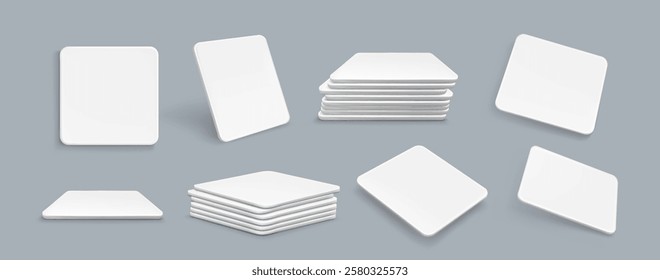 Blank drink coasters set isolated on background. Vector realistic illustration of white paper squares for tea cup, coffee mug or beverage bottle, table mat mockup with surface for corporate branding