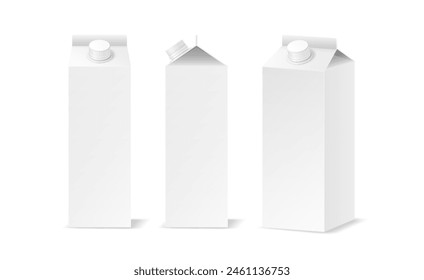 Embalaje en blanco de la bebida con la Plantilla de diseño conjunto de Ilustración vectorial realista. Cajas de cartón respetuosas del medio ambiente para la leche 3d objetos sobre fondo blanco