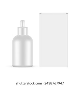 Blank Dropper Bottle With Box. Packaging For Moisturizing Serum, Front View, Isolated On White Background. Vector Illustration