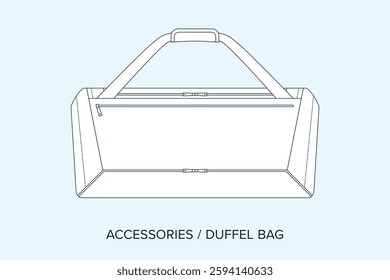 Blank Duffel Bag Technical Drawing, Accessory Blueprint for Fashion Designers. Detailed Editable Vector Illustration, Black and White Bags and Accessories Schematics, Isolated Background