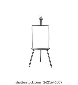 A blank easel with a board mounted. Black and white hand drawn sketch. Presentation, wedding or artist