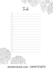 Blank elegant to do list. Hand-drawn floral design. Vector line art.