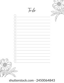 Elegante lista de cosas por hacer. Diseño floral dibujado a mano. Vector de arte.