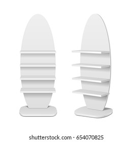 Blank Ellipse Empty Showcase Display With Retail Shelves. 3D, Front View. Illustration Isolated On White Background. Mock Up Template Ready For Your Design. Product Advertising. Vector EPS10