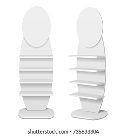 Blank Ellipse Empty Showcase Display With Retail Shelves. 3D, Front View. Illustration Isolated On White Background. Mock Up Template Ready For Your Design. Product Advertising. Vector EPS10