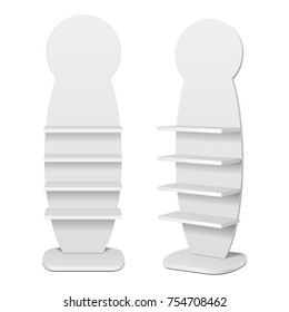 Blank Ellipse Empty Showcase Display With Retail Shelves. 3D, Front View. Illustration Isolated On White Background. Mock Up Template Ready For Your Design. Product Advertising. Vector EPS10